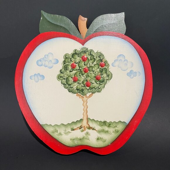 vintage Americana hand painted wooden cookie‎ jar lids/decor apple tree handmade - Picture 1 of 4